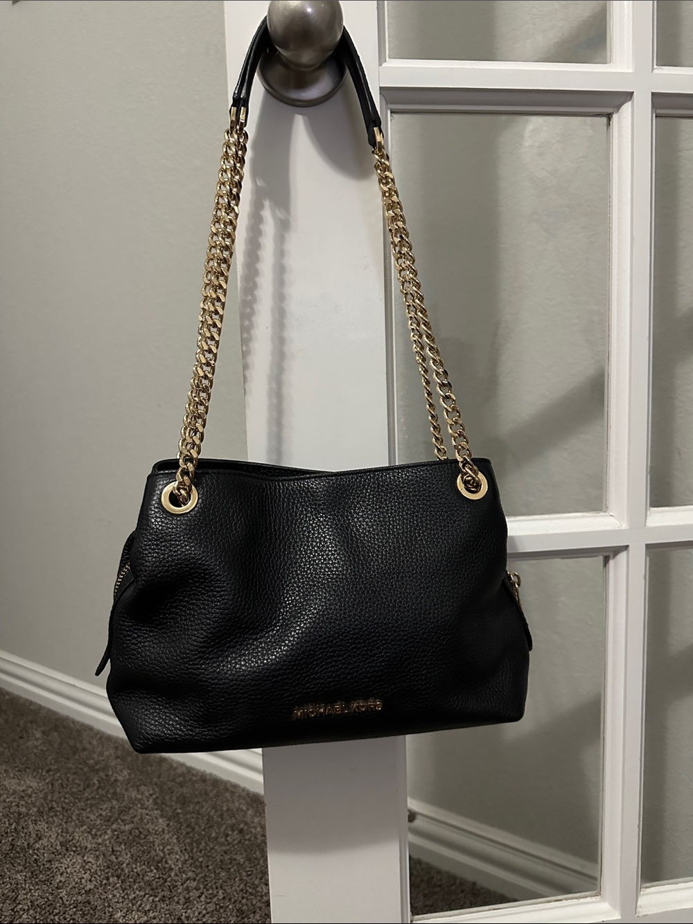 Michael Kors Black Pebbled Leather Shoulder Bag with Gold Chain Straps